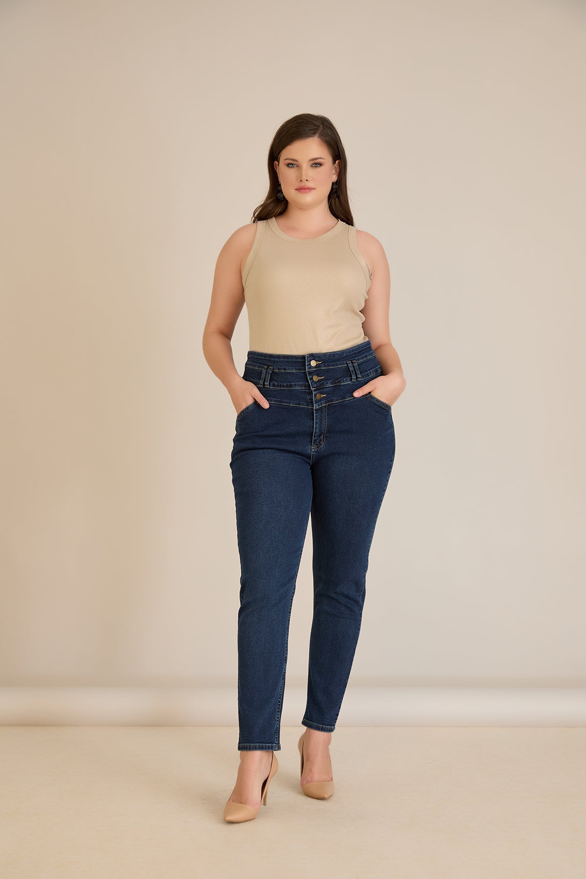 Elastische High-Waist-Jeans mit Knopfleiste – Indigo – Indigo