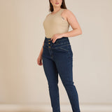 Elastische High-Waist-Jeans mit Knopfleiste – Indigo – Indigo