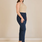 Elastische High-Waist-Jeans mit Knopfleiste – Indigo – Indigo