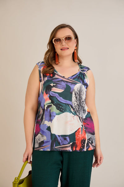 Ärmelloses Top mit Blumendruck und Zierschnalle