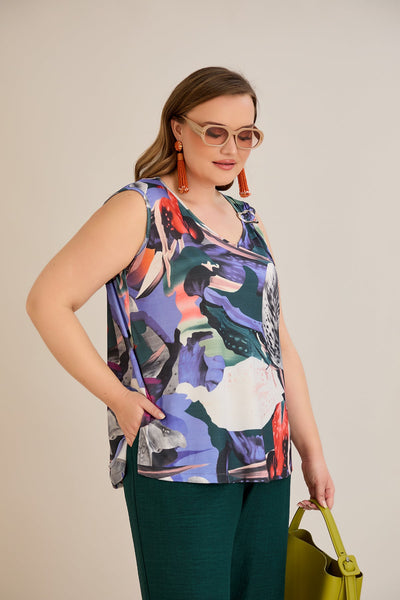 Ärmelloses Top mit Blumendruck und Zierschnalle