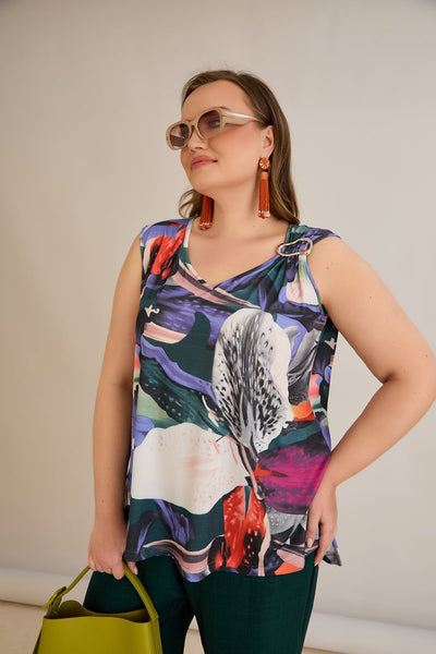 Ärmelloses Top mit Blumendruck und Zierschnalle