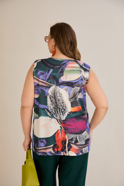 Ärmelloses Top mit Blumendruck und Zierschnalle