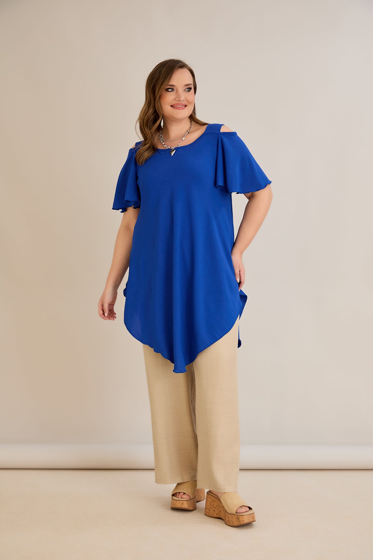 Asymmetrische Tunika mit Cut-Out-Schulter - Blau