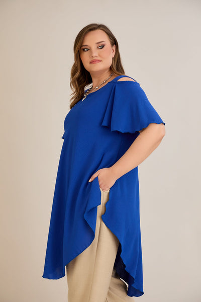Asymmetrische Tunika mit Cut-Out-Schulter - Blau