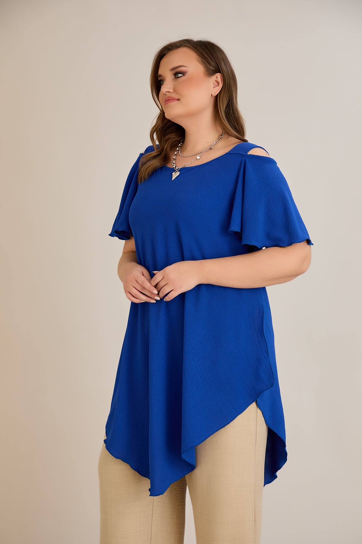 Asymmetrische Tunika mit Cut-Out-Schulter - Blau