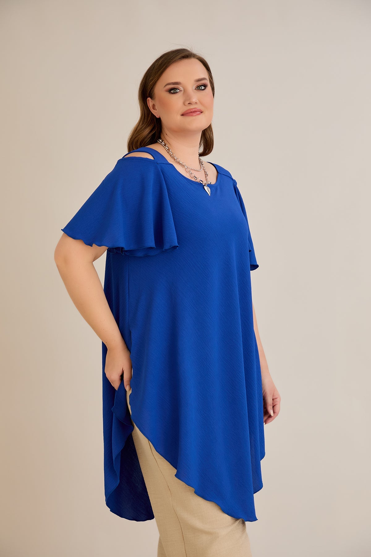 Asymmetrische Tunika mit Cut-Out-Schulter - Blau