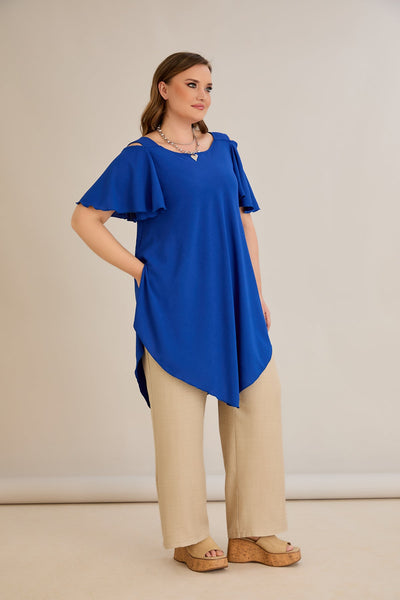 Asymmetrische Tunika mit Cut-Out-Schulter - Blau