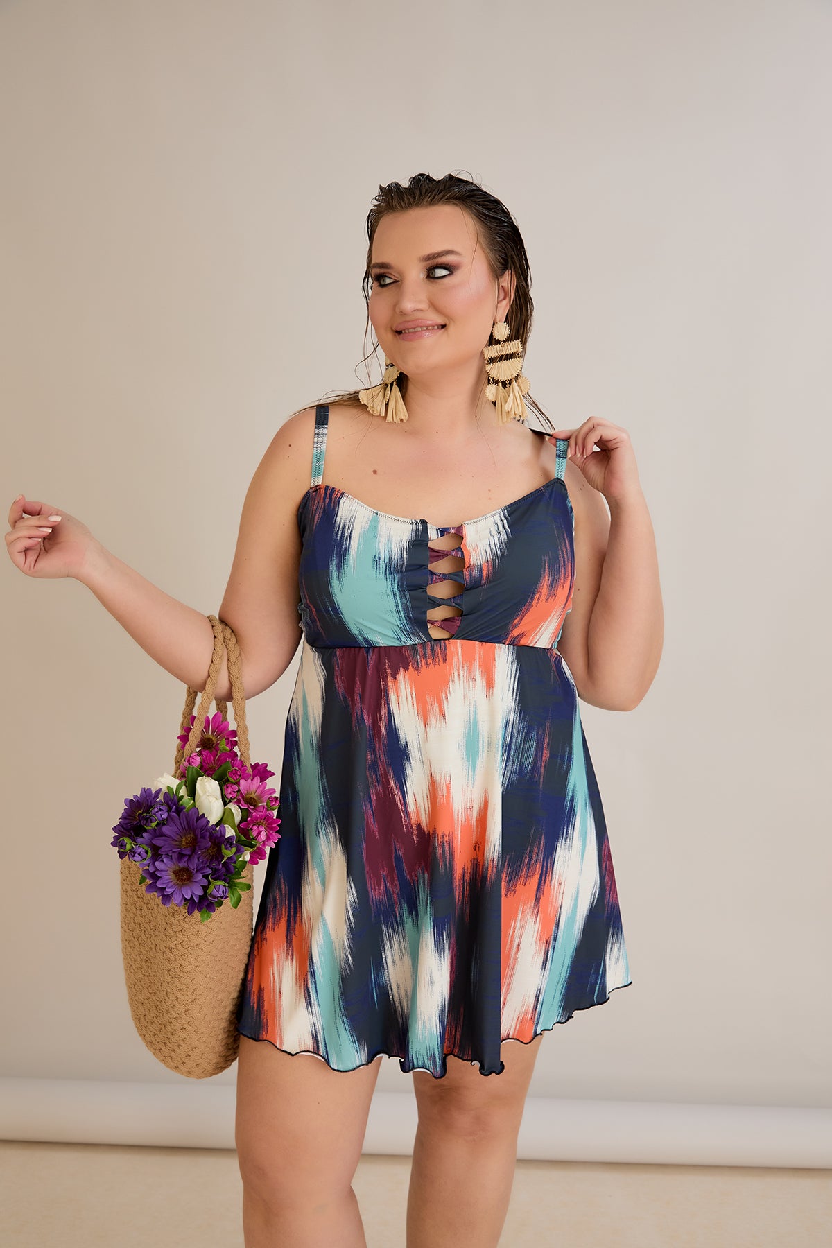 Tankini-Kleid mit tropischem Print und Raffdetail – Multifarbe