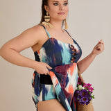 Tankini-Kleid mit tropischem Print und Raffdetail – Multifarbe