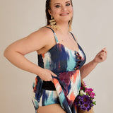 Tankini-Kleid mit tropischem Print und Raffdetail – Multifarbe