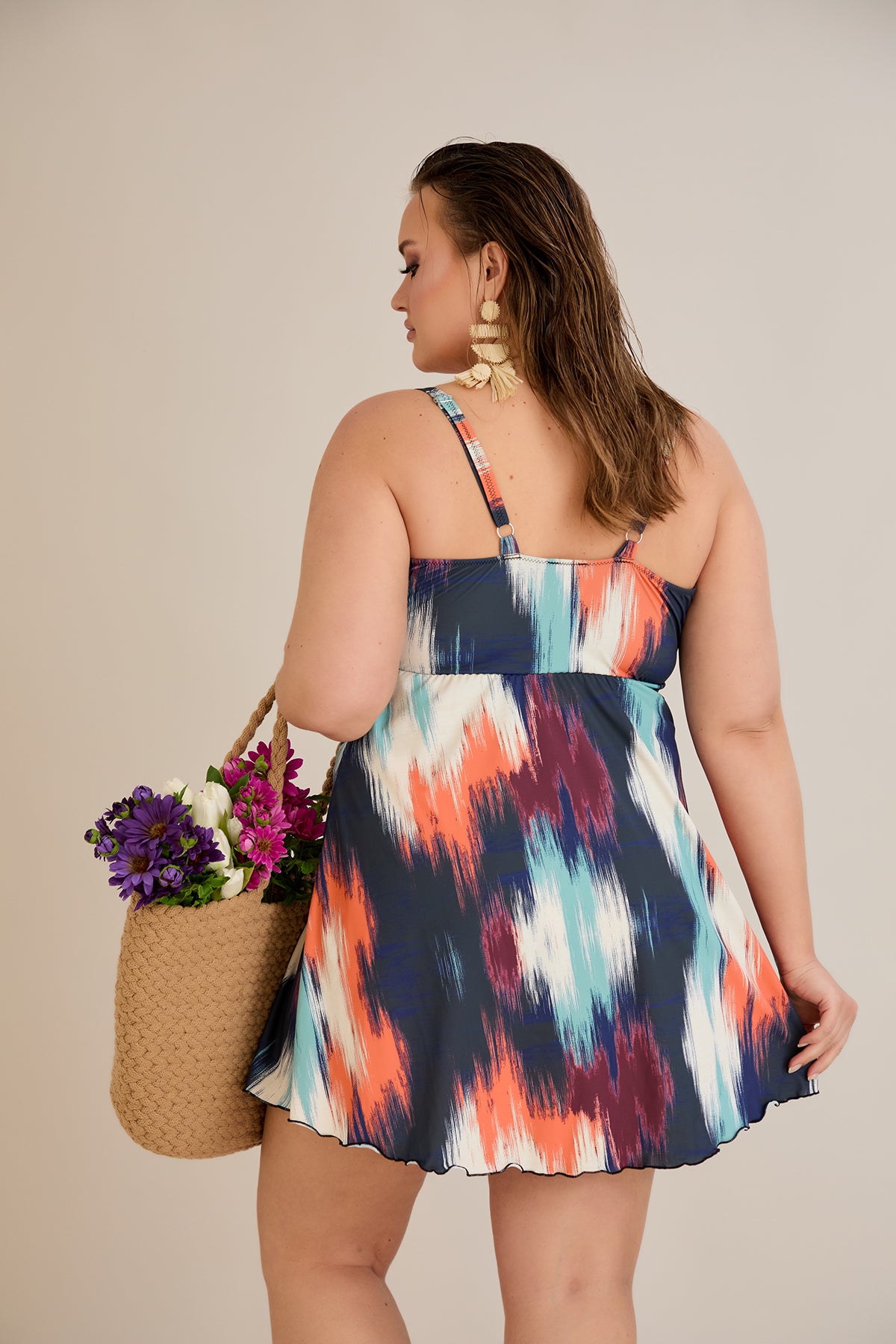 Tankini-Kleid mit tropischem Print und Raffdetail – Multifarbe