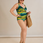 Badeanzug mit V-Ausschnitt und drapierter Front - Tropic – Multifarbe