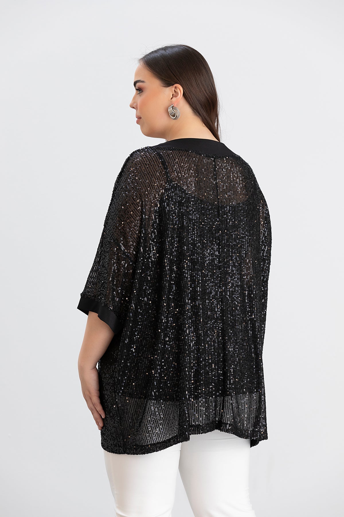 Pailletten-Shirt Oversized und Halbarm – Schwarz