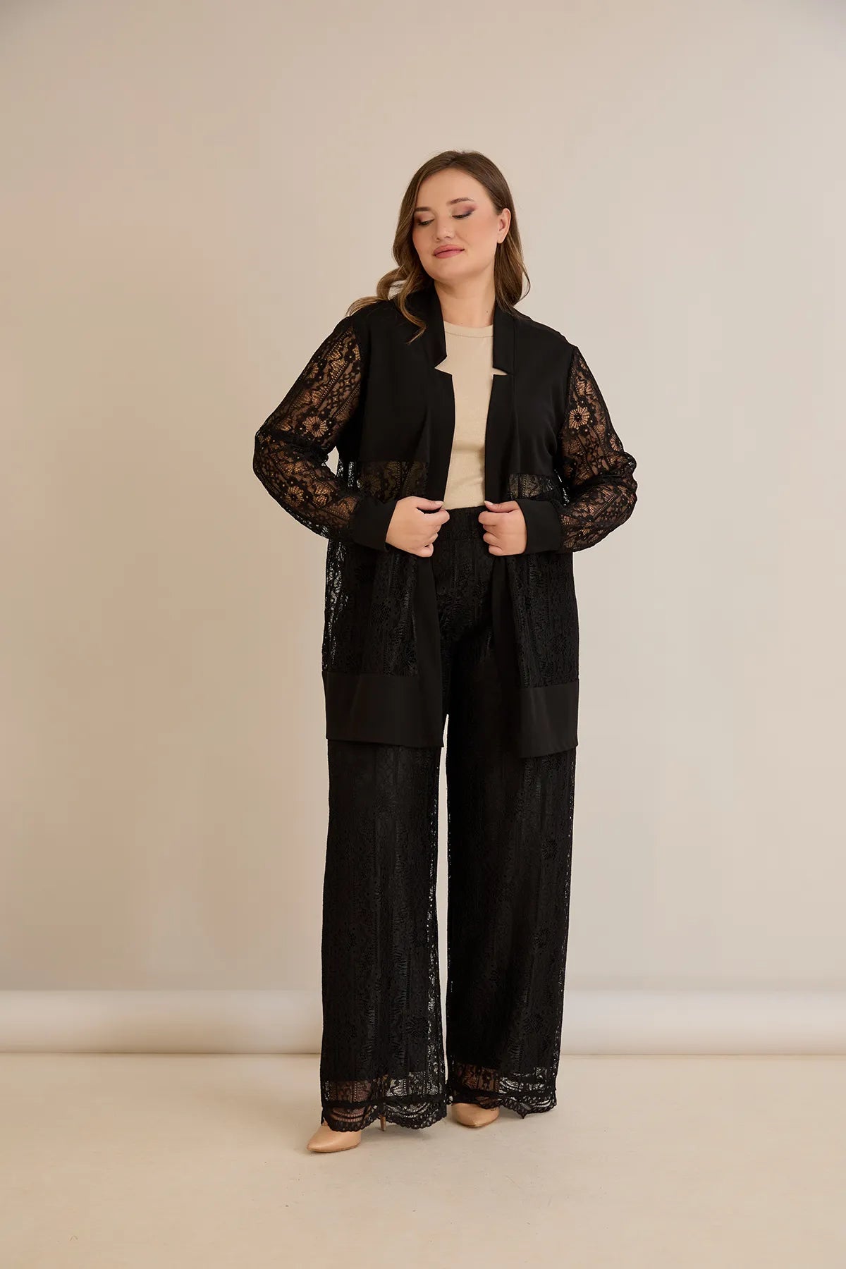 Elegantes festliches Spitzen-Set – Schwarz