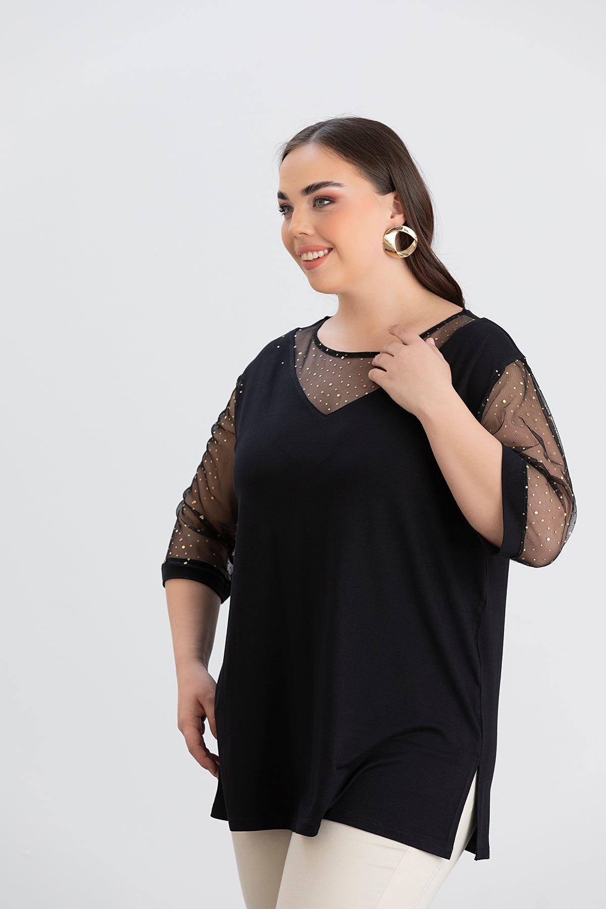 Shirt-Bluse mit glänzendem Tüll