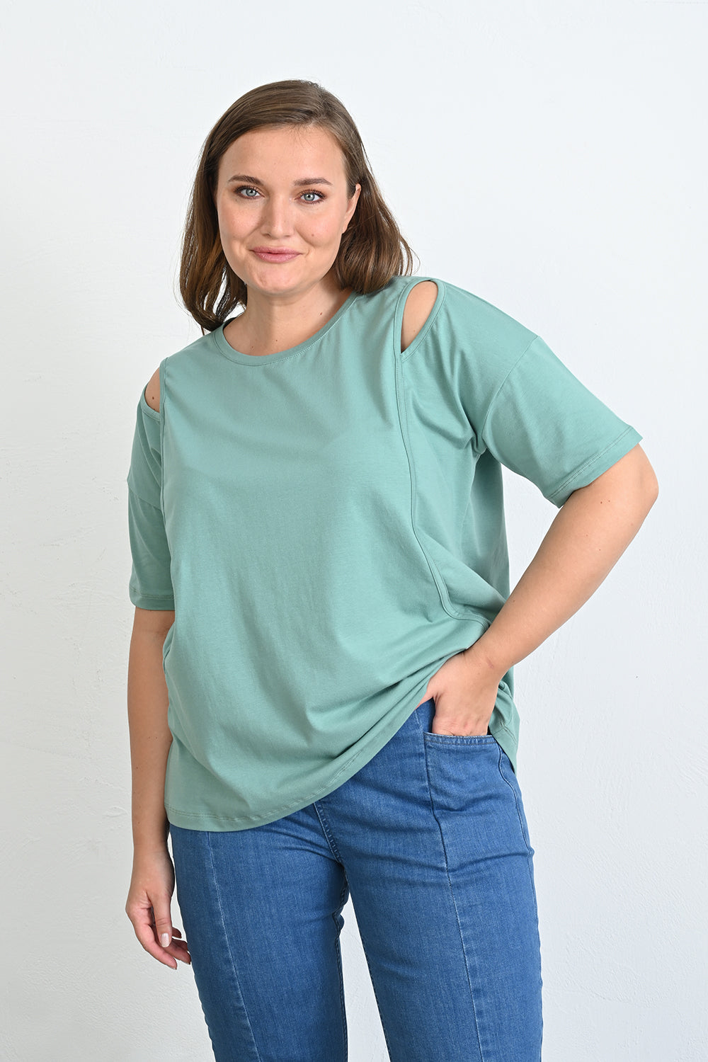 Baumwoll-T-Shirt mit Akzent an den Schultern - Pastellfarbe – Pastellfarbe