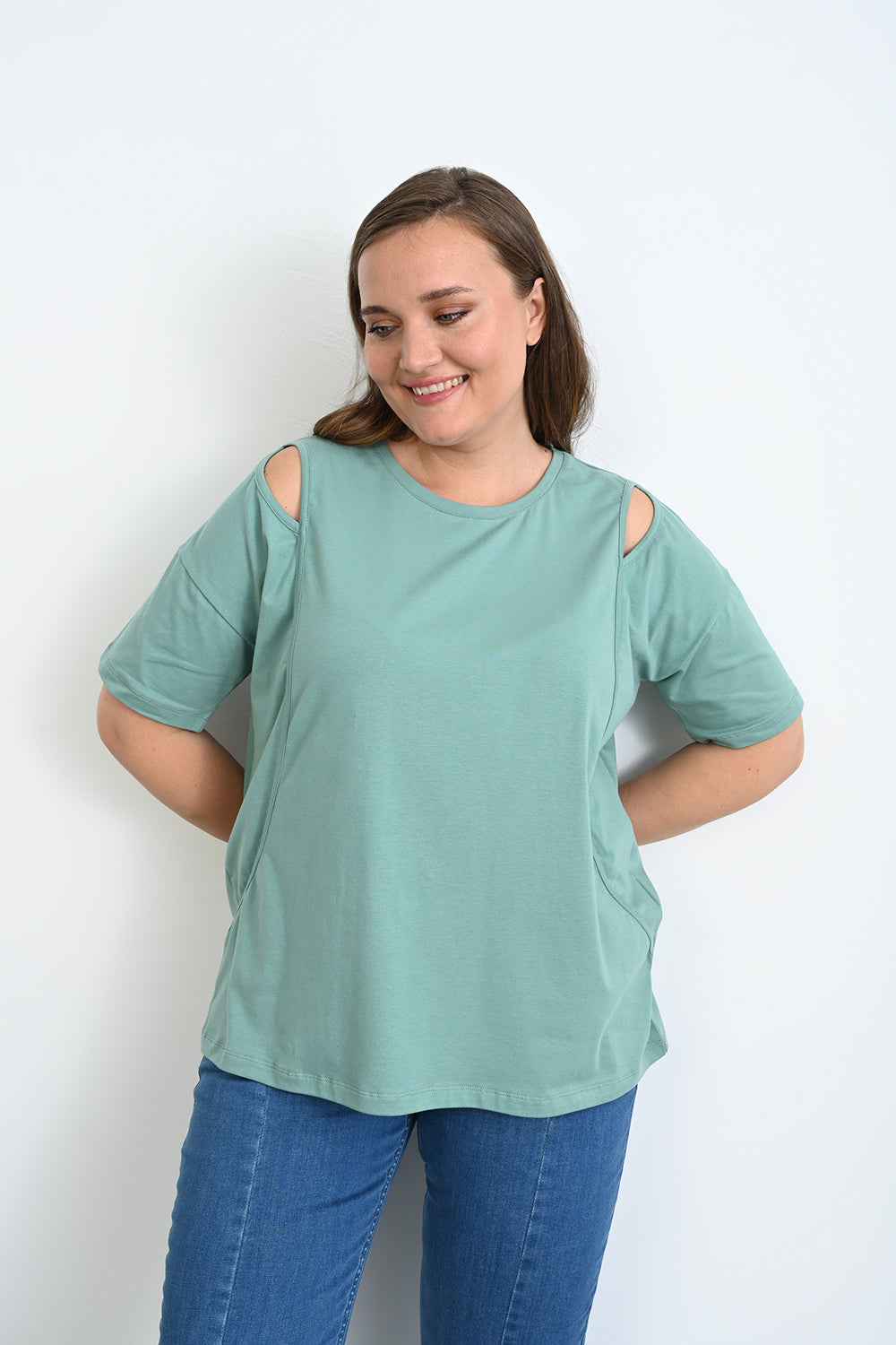 Baumwoll-T-Shirt mit Akzent an den Schultern - Pastellfarbe – Pastellfarbe