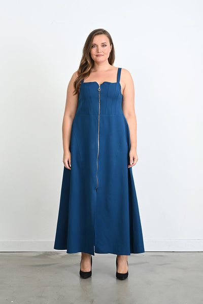 Langes Trägerkleid mit Reißverschluss - Blau