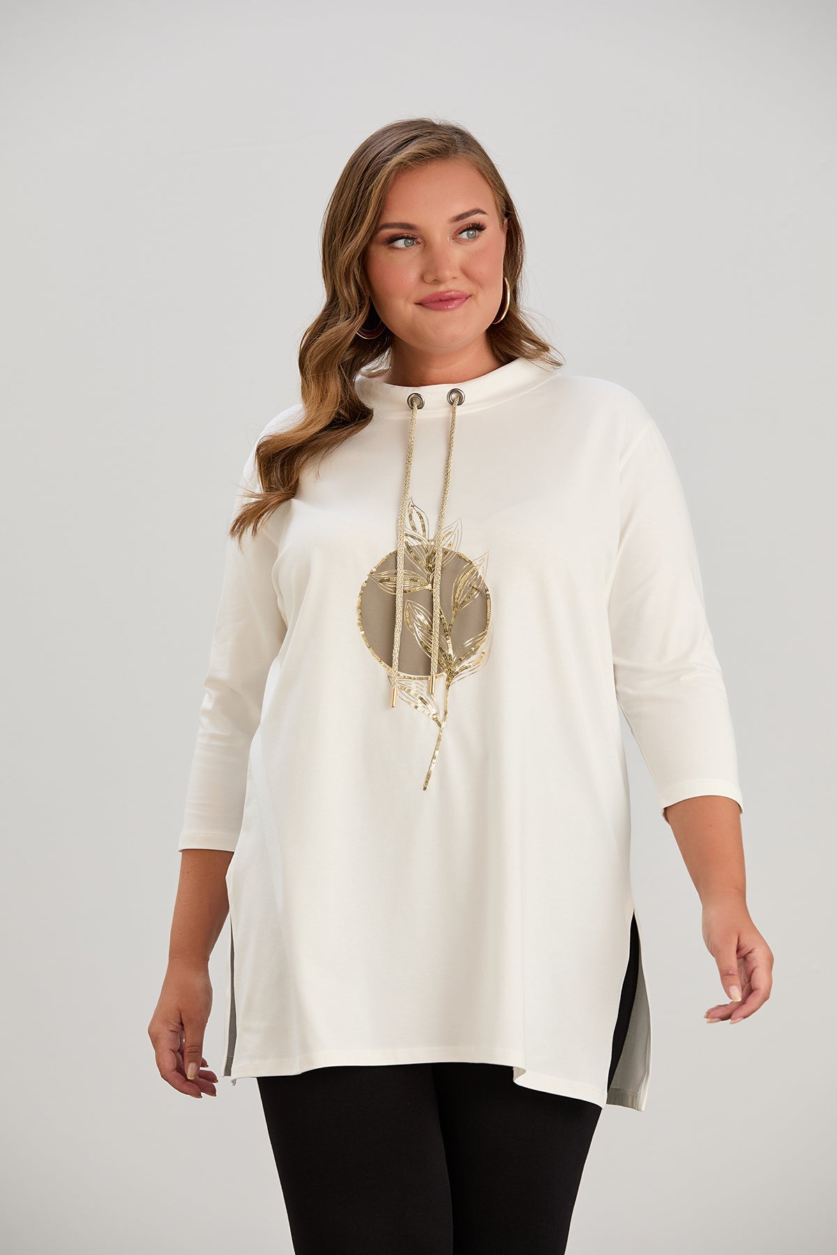 Elegante Baumwolltunika mit Print "Goldene Blätter" - Ecru für Mollige