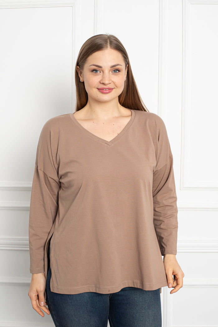 Maxi-Tunika aus Baumwolle mit V-Ausschnitt Basic - beige