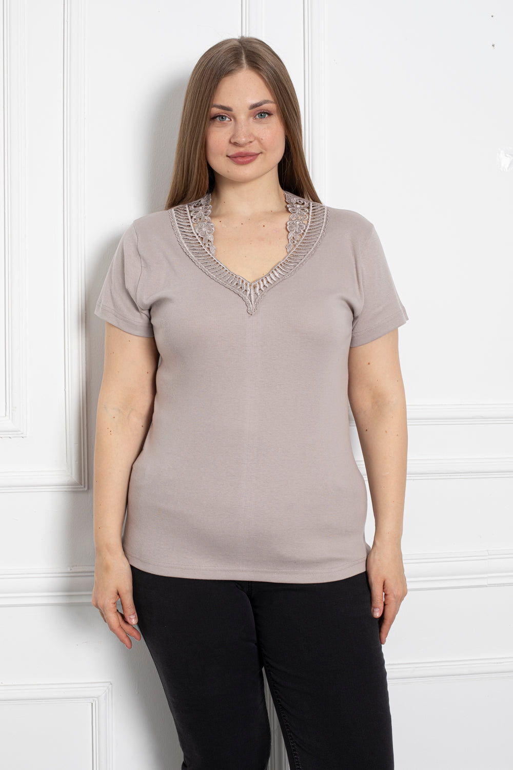 Baumwollbluse mit Spitze - beige