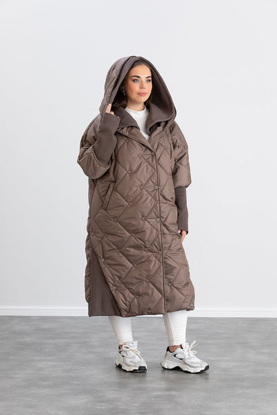 Lange Jacke mit Strickdetails in großen Größen- Mocca

