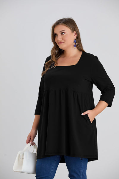 Longshirt, A-Linie, Carree-Ausschnitt, 3/4-Arm in Schwarz in grosse grossen