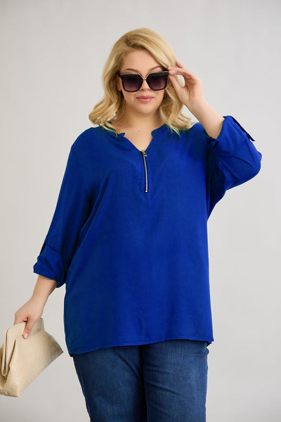 Bluse aus Viskose mit Reißverschluss am Halsausschnitt - Blau
