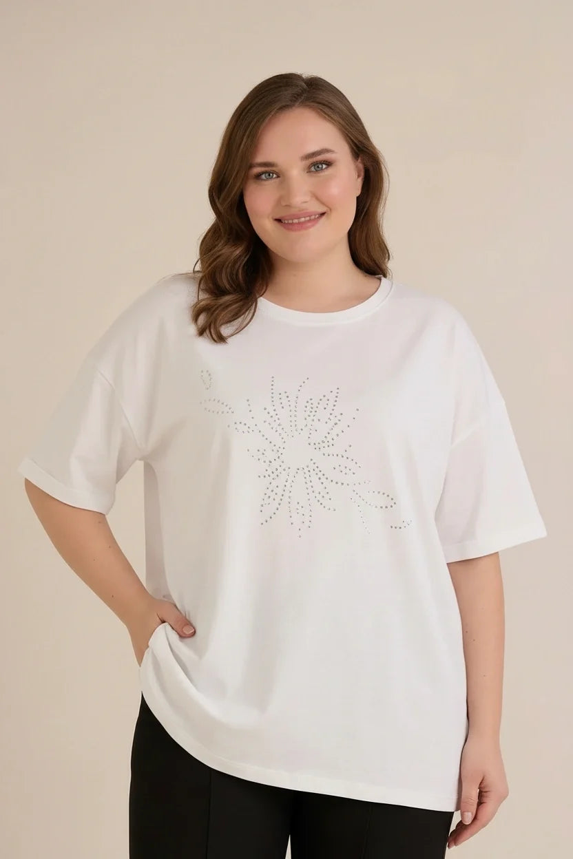 Baumwollbluse mit Strasssteinen – Weiß