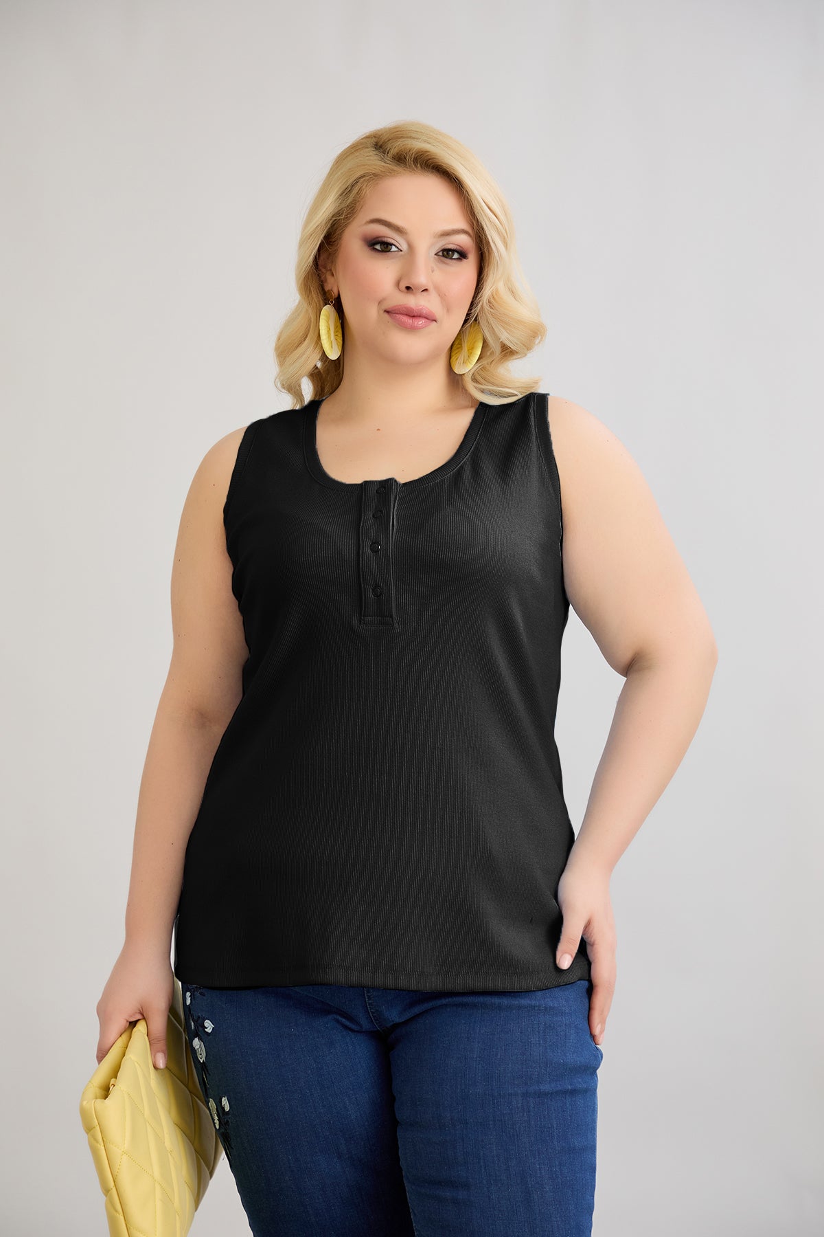 Baumwolltop mit Teakholzverschluss - Schwarz