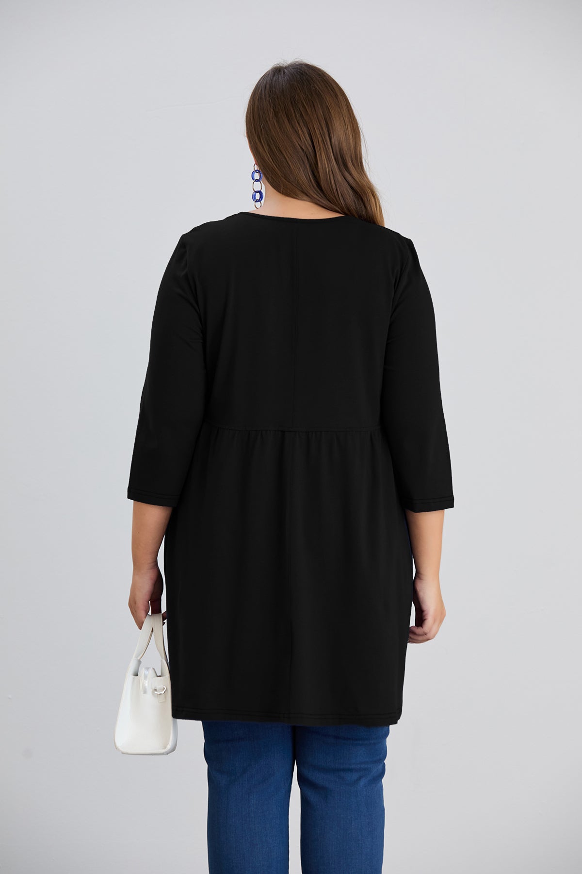 Longshirt, A-Linie, Carree-Ausschnitt, 3/4-Arm in Schwarz