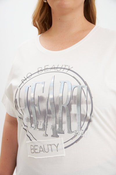 Baumwoll-T-Shirt mit Druck und Strass Heart – Ecru