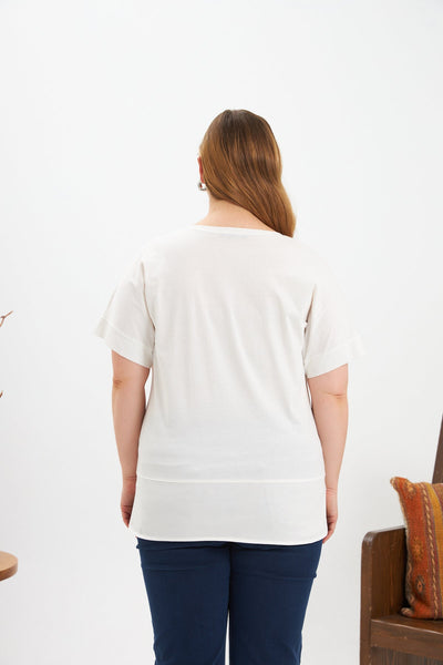 Baumwoll-T-Shirt mit Druck und Strass Heart – Ecru