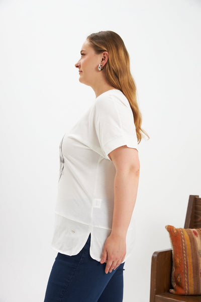 Baumwoll-T-Shirt mit Druck und Strass Heart – Ecru