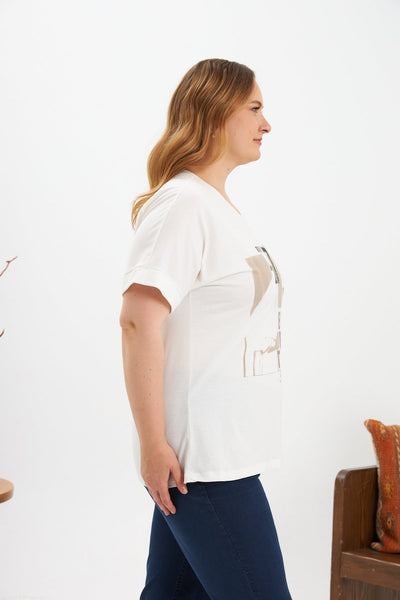 Baumwoll-T-Shirt mit Print und Strass – Ecru