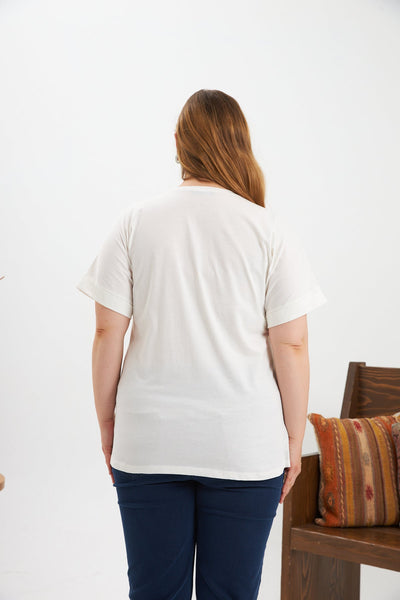 Baumwoll-T-Shirt mit Print und Strass – Ecru