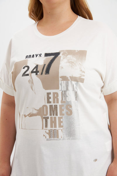 Baumwoll-T-Shirt mit Print und Strass – Ecru